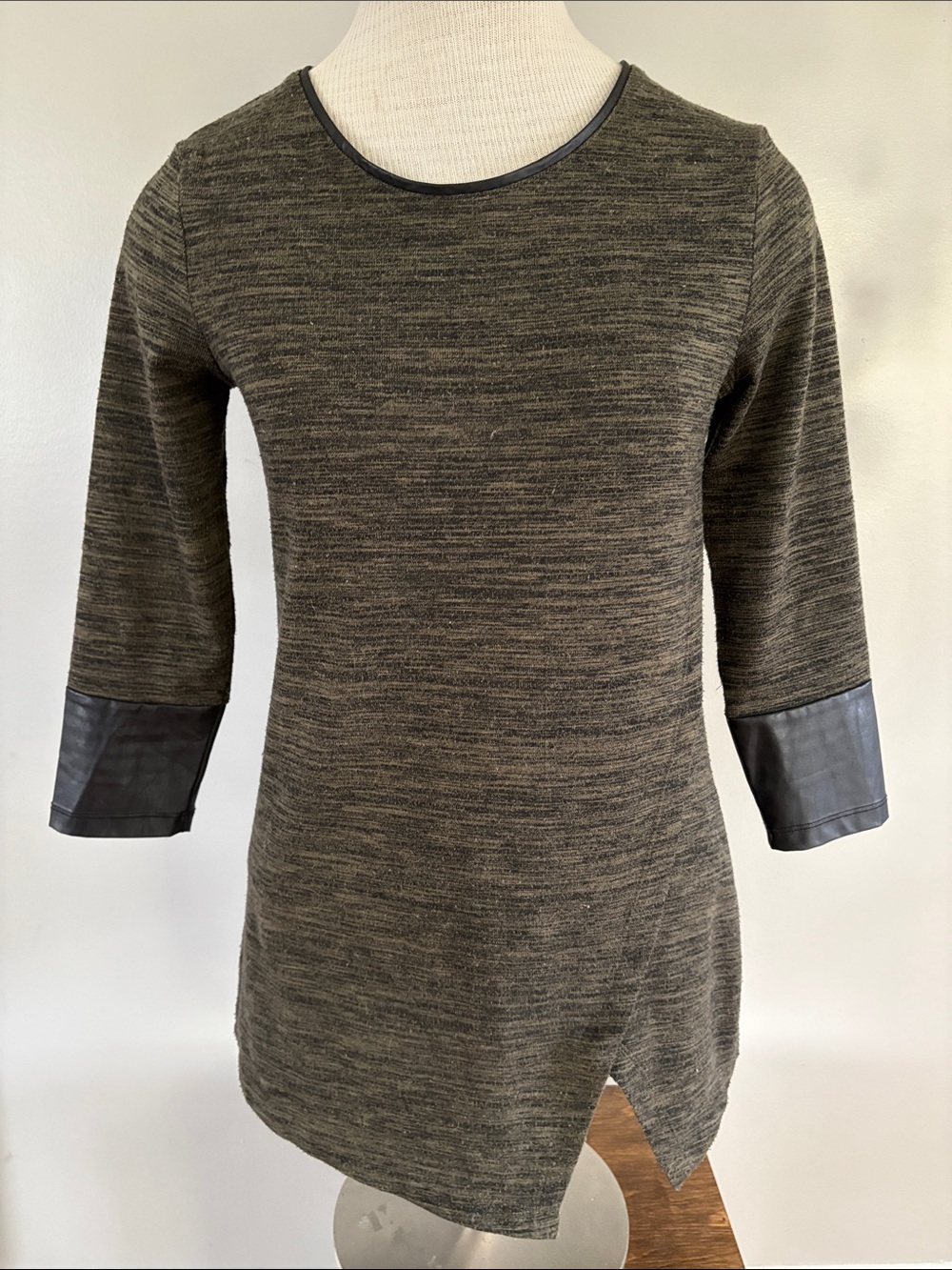 Dynamite Olive Green Marled Long Sleeve Top with Faux Leather Cuffs